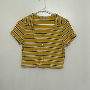 Women’s Yellow Striped Faux Button Polo Top